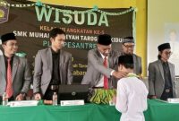 WISUDA. Kepala Sekolah SMK Muhammadiyah Tarogong Kidul Plus Pesantren Yusran Hanif, MM mewisuda 38 Siswa kelas XII 