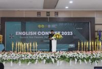 Ketua Umum HIMADIKSARIS IPI Garut M Jihad Abdul Matin sat memberikan sambutan dalam acara English Contest 2023 di Gedung Rektorat IPI Garut, Sabtu (11/3/2023) 