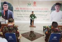 SAMBUTAN. Ketua Pimpinan Daerah Muhammadiyah (PDM) Garut H Mohammad Yusup Sapari, S.Pd., M.M.Pd, saat memberikan sambutan Musyda XVI PDPM Garut di Gedung Dakwah Muhammadiyah, Jalan Pembangunan Kecamatan Tarogong Kidul Kabupaten Garut, Sabtu (18/3/2023)