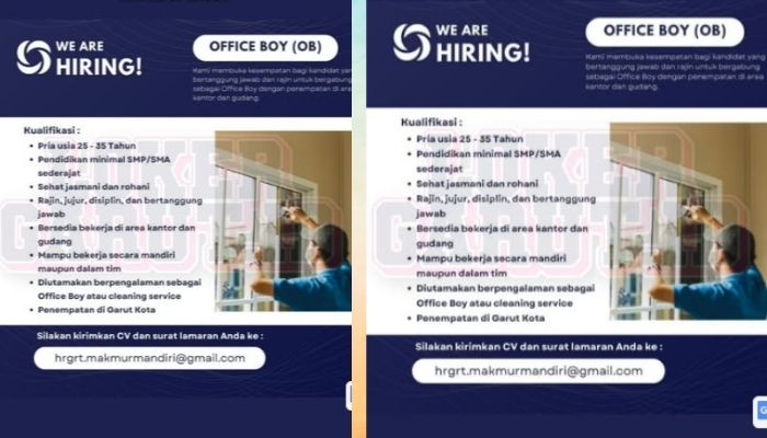 Cari Kerja di Garut? Posisi Office Boy Dibuka, Minimal SMP