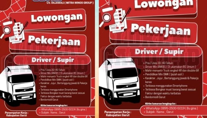 Loker Garut Terbaru, CV Rajawali Cari Supir Penempatan Kabupaten Garut