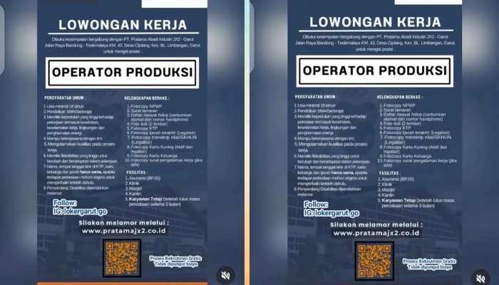 Lowongan Kerja Garut 2026: PT Pratama Abadi Industri JX2 Buka Operator Produksi
