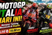 Aksi pembalap MotoGP saat sesi balapan di Sirkuit Mugello, Italia. Race MotoGP Italia 2026 menjadi sorotan dengan persaingan ketat Marco Bezzecchi, Jorge Martin, dan Marc Marquez.