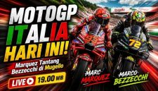 Aksi pembalap MotoGP saat sesi balapan di Sirkuit Mugello, Italia. Race MotoGP Italia 2026 menjadi sorotan dengan persaingan ketat Marco Bezzecchi, Jorge Martin, dan Marc Marquez.