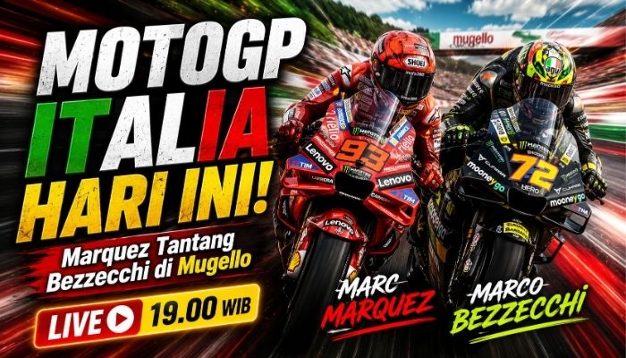 Aksi pembalap MotoGP saat sesi balapan di Sirkuit Mugello, Italia. Race MotoGP Italia 2026 menjadi sorotan dengan persaingan ketat Marco Bezzecchi, Jorge Martin, dan Marc Marquez.