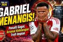 Gabriel Magalhaes menangis usai gagal mengeksekusi penalti penentu saat Arsenal kalah dramatis dari PSG pada final Liga Champions di Puskas Arena, Budapest