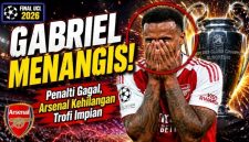 Gabriel Magalhaes menangis usai gagal mengeksekusi penalti penentu saat Arsenal kalah dramatis dari PSG pada final Liga Champions di Puskas Arena, Budapest