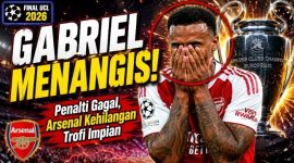Gabriel Magalhaes menangis usai gagal mengeksekusi penalti penentu saat Arsenal kalah dramatis dari PSG pada final Liga Champions di Puskas Arena, Budapest