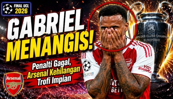 Gabriel Magalhaes menangis usai gagal mengeksekusi penalti penentu saat Arsenal kalah dramatis dari PSG pada final Liga Champions di Puskas Arena, Budapest