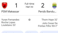 Hasil PSM Makassar vs Persib Bandung 1-2, Gol Menit 90+7 Bawa Maung Bandung Selangkah Lagi Juara