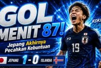 Koki Ogawa merayakan gol kemenangan Timnas Jepang saat mengalahkan Islandia 1-0 dalam laga persahabatan internasional, Minggu (31/5/2026). Gol menit ke-87 memastikan Samurai Biru menutup laga dengan kemenangan dramatis