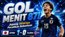 Koki Ogawa merayakan gol kemenangan Timnas Jepang saat mengalahkan Islandia 1-0 dalam laga persahabatan internasional, Minggu (31/5/2026). Gol menit ke-87 memastikan Samurai Biru menutup laga dengan kemenangan dramatis