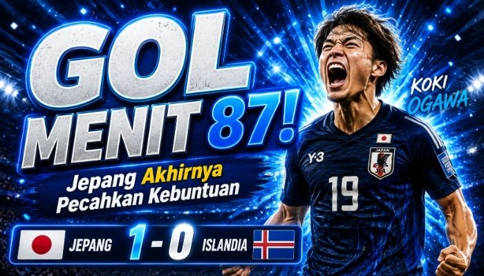 Koki Ogawa merayakan gol kemenangan Timnas Jepang saat mengalahkan Islandia 1-0 dalam laga persahabatan internasional, Minggu (31/5/2026). Gol menit ke-87 memastikan Samurai Biru menutup laga dengan kemenangan dramatis