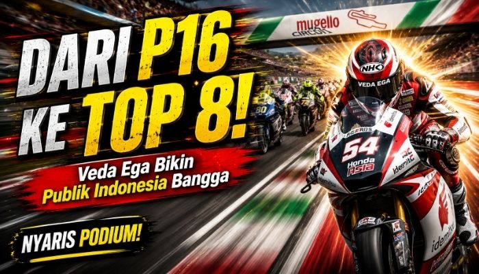 Veda Ega Pratama tampil gigih pada Moto3 Italia 2026 di Sirkuit Mugello. Pebalap Indonesia itu bangkit dari posisi ke-16 hingga finis kedelapan setelah sempat menembus empat besar