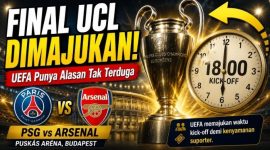 Trofi Liga Champions dipajang jelang final PSG vs Arsenal di Puskás Aréna, Budapest. UEFA memajukan waktu kick-off demi kenyamanan suporter