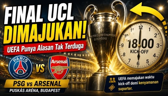 Trofi Liga Champions dipajang jelang final PSG vs Arsenal di Puskás Aréna, Budapest. UEFA memajukan waktu kick-off demi kenyamanan suporter