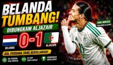 Anis Hadj Moussa merayakan gol kemenangan Aljazair atas Belanda di Stadion De Kuip, Rotterdam, dalam laga FIFA Matchday Juni 2026