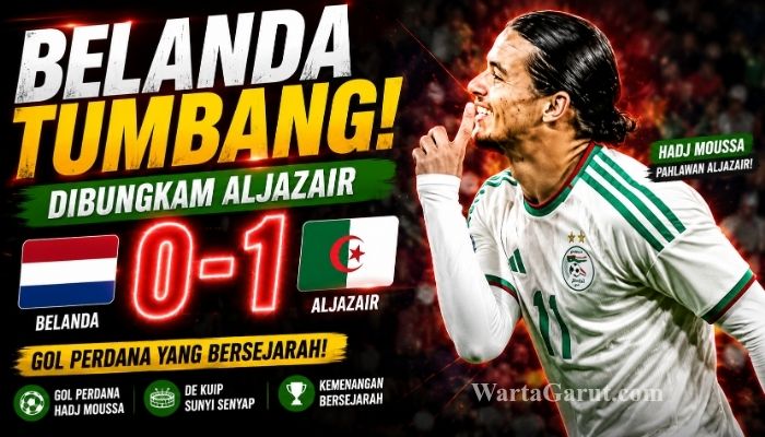 Anis Hadj Moussa merayakan gol kemenangan Aljazair atas Belanda di Stadion De Kuip, Rotterdam, dalam laga FIFA Matchday Juni 2026