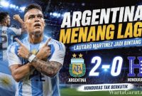 Lautaro Martinez merayakan gol penalti saat membawa Argentina mengalahkan Honduras 2-0 dalam laga persahabatan internasional menuju Piala Dunia 2026