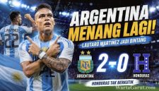 Lautaro Martinez merayakan gol penalti saat membawa Argentina mengalahkan Honduras 2-0 dalam laga persahabatan internasional menuju Piala Dunia 2026
