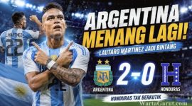 Lautaro Martinez merayakan gol penalti saat membawa Argentina mengalahkan Honduras 2-0 dalam laga persahabatan internasional menuju Piala Dunia 2026