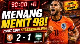 Cody Gakpo merayakan gol penalti kemenangan saat Belanda mengalahkan Uzbekistan 2-1 dalam laga uji coba internasional, Selasa (9/6/2026).