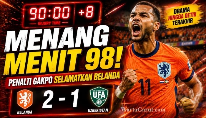 Cody Gakpo merayakan gol penalti kemenangan saat Belanda mengalahkan Uzbekistan 2-1 dalam laga uji coba internasional, Selasa (9/6/2026).
