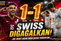 Boualem Khoukhi merayakan gol penyeimbang saat Qatar vs Swiss pada matchday pertama Grup B Piala Dunia 2026 di Levi's Stadium, Santa Clara, Minggu (14/6/2026).