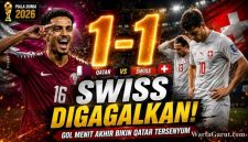 Boualem Khoukhi merayakan gol penyeimbang saat Qatar vs Swiss pada matchday pertama Grup B Piala Dunia 2026 di Levi's Stadium, Santa Clara, Minggu (14/6/2026).