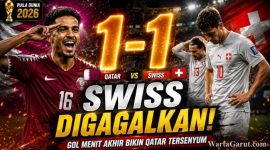 Boualem Khoukhi merayakan gol penyeimbang saat Qatar vs Swiss pada matchday pertama Grup B Piala Dunia 2026 di Levi's Stadium, Santa Clara, Minggu (14/6/2026).