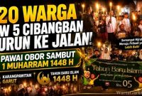Ratusan warga RW 05 Kampung Cibangban, Kelurahan Karangmulya, Kecamatan Karangpawitan, Kabupaten Garut mengikuti Pawai Obor Tahun Baru Islam 1 Muharram 1448 Hijriah sebagai bentuk syiar Islam dan penguatan nilai hijrah.