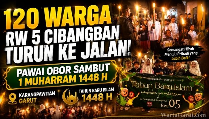 Ratusan warga RW 05 Kampung Cibangban, Kelurahan Karangmulya, Kecamatan Karangpawitan, Kabupaten Garut mengikuti Pawai Obor Tahun Baru Islam 1 Muharram 1448 Hijriah sebagai bentuk syiar Islam dan penguatan nilai hijrah.