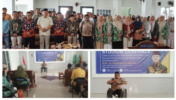 Ketua PDM Kabupaten Garut, Dr. Agus Rahmat Nugraha, M.Ag., M.Pd., menyampaikan sambutan dalam Studium Generale Deep Learning dan Transformasi Pendidikan yang menghadirkan Wakil Menteri Pendidikan Dasar dan Menengah RI di Gedung Dakwah Muhammadiyah Garut, Sabtu (6/6/2026).