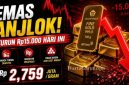 Emas batangan Antam dipamerkan di gerai Logam Mulia setelah harga emas hari ini turun Rp15.000 per gram menjadi Rp2.759.000