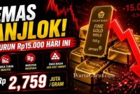 Emas batangan Antam dipamerkan di gerai Logam Mulia setelah harga emas hari ini turun Rp15.000 per gram menjadi Rp2.759.000