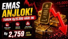 Emas batangan Antam dipamerkan di gerai Logam Mulia setelah harga emas hari ini turun Rp15.000 per gram menjadi Rp2.759.000