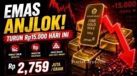 Emas batangan Antam dipamerkan di gerai Logam Mulia setelah harga emas hari ini turun Rp15.000 per gram menjadi Rp2.759.000