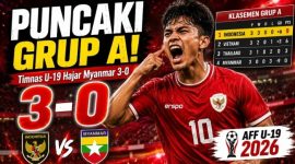 Pemain Timnas Indonesia U-19 merayakan kemenangan 3-0 atas Myanmar pada laga Grup A Piala AFF U-19 2026 di Deli Serdang. Hasil ini membawa Garuda Muda memimpin klasemen sementara