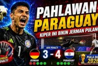 Kiper Paraguay Orlando Gill melakukan penyelamatan penting saat menghadapi Jerman pada Babak 32 Besar Piala Dunia FIFA 2026 di Boston Stadium.