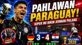 Kiper Paraguay Orlando Gill melakukan penyelamatan penting saat menghadapi Jerman pada Babak 32 Besar Piala Dunia FIFA 2026 di Boston Stadium.