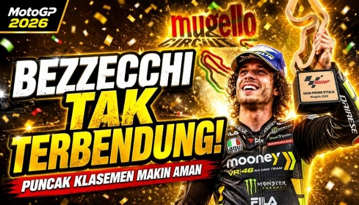 Marco Bezzecchi merayakan kemenangan GP Italia 2026 di Mugello yang membuat pembalap Aprilia Racing semakin kokoh memimpin klasemen MotoGP 2026. Di Moto3, Veda Ega Pratama terus mendekati posisi empat besar