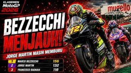 Marco Bezzecchi memimpin balapan MotoGP Italia 2026 di Mugello sebelum mengamankan kemenangan yang membuat pembalap Aprilia Racing semakin kokoh di puncak klasemen MotoGP 2026.