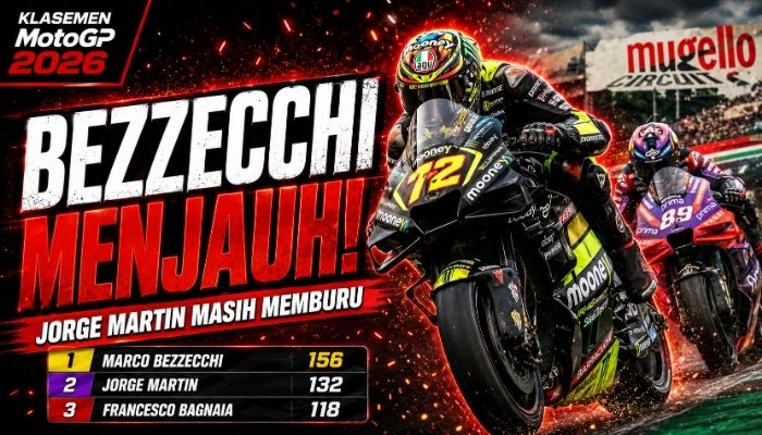 Marco Bezzecchi memimpin balapan MotoGP Italia 2026 di Mugello sebelum mengamankan kemenangan yang membuat pembalap Aprilia Racing semakin kokoh di puncak klasemen MotoGP 2026.