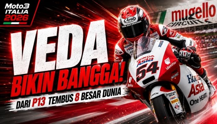 Veda Ega Pratama memacu motor Honda Team Asia pada Moto3 Italia 2026 di Mugello. Start dari posisi 13, pembalap Indonesia itu sukses finis di peringkat kedelapan dan bertahan di lima besar klasemen dunia.