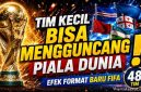 Trofi Piala Dunia FIFA 2026 dengan latar bendera negara peserta. Format baru 48 tim membuka peluang lebih besar bagi tim kuda hitam untuk menciptakan kejutan di turnamen terbesar dunia.