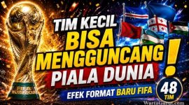 Trofi Piala Dunia FIFA 2026 dengan latar bendera negara peserta. Format baru 48 tim membuka peluang lebih besar bagi tim kuda hitam untuk menciptakan kejutan di turnamen terbesar dunia.