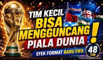 Format Baru Piala Dunia 2026 Buka Jalan Tim Kuda Hitam Ciptakan Kejutan 1 Trofi Piala Dunia FIFA 2026 dengan latar bendera negara peserta. Format baru 48 tim membuka peluang lebih besar bagi tim kuda hitam untuk menciptakan kejutan di turnamen terbesar dunia