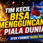 Trofi Piala Dunia FIFA 2026 dengan latar bendera negara peserta. Format baru 48 tim membuka peluang lebih besar bagi tim kuda hitam untuk menciptakan kejutan di turnamen terbesar dunia.
