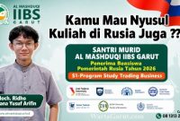 Moch. Ridho Maulana Yusuf Arifin, santri Al Mashduqi IIBS Garut, berhasil meraih Beasiswa Pemerintah Rusia 2026 untuk melanjutkan studi S1 Trading Business di Ural Federal University