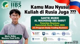 Moch. Ridho Maulana Yusuf Arifin, santri Al Mashduqi IIBS Garut, berhasil meraih Beasiswa Pemerintah Rusia 2026 untuk melanjutkan studi S1 Trading Business di Ural Federal University